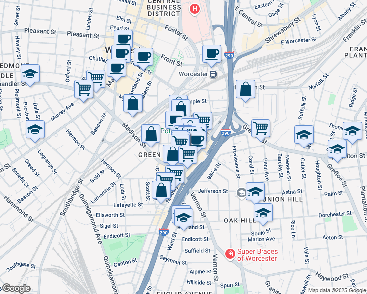 map of restaurants, bars, coffee shops, grocery stores, and more near 138 Green Street in Worcester