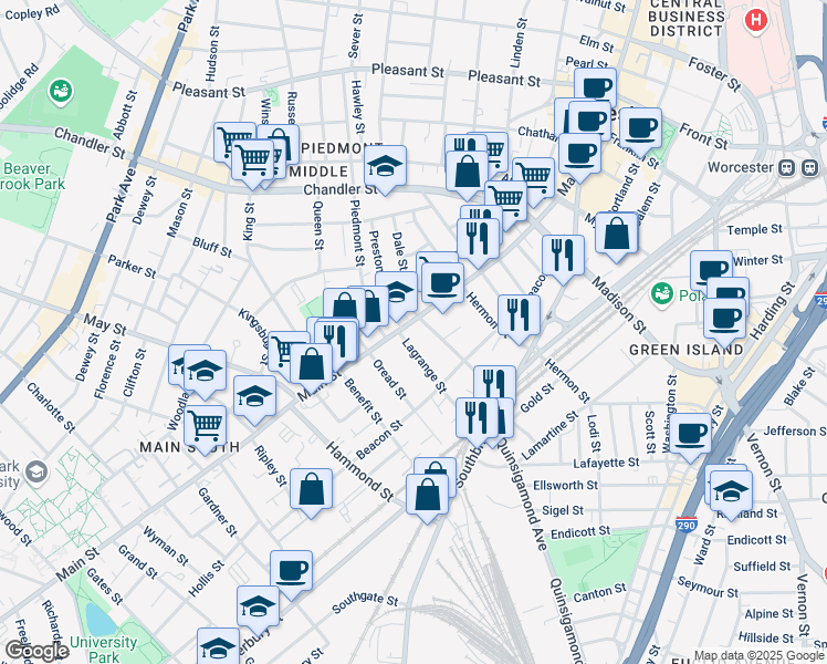 map of restaurants, bars, coffee shops, grocery stores, and more near 12 Jackson Street in Worcester