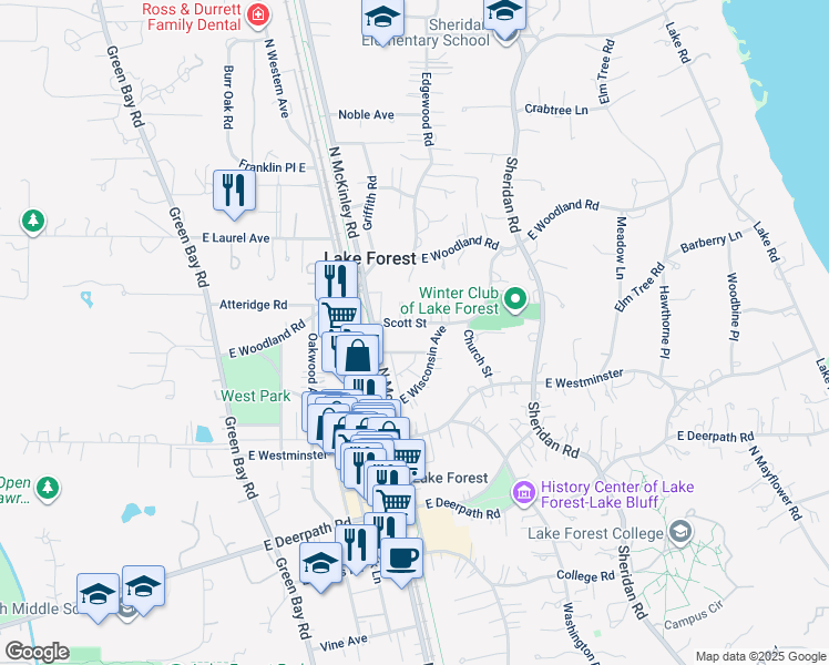 map of restaurants, bars, coffee shops, grocery stores, and more near 349 Scott Street in Lake Forest