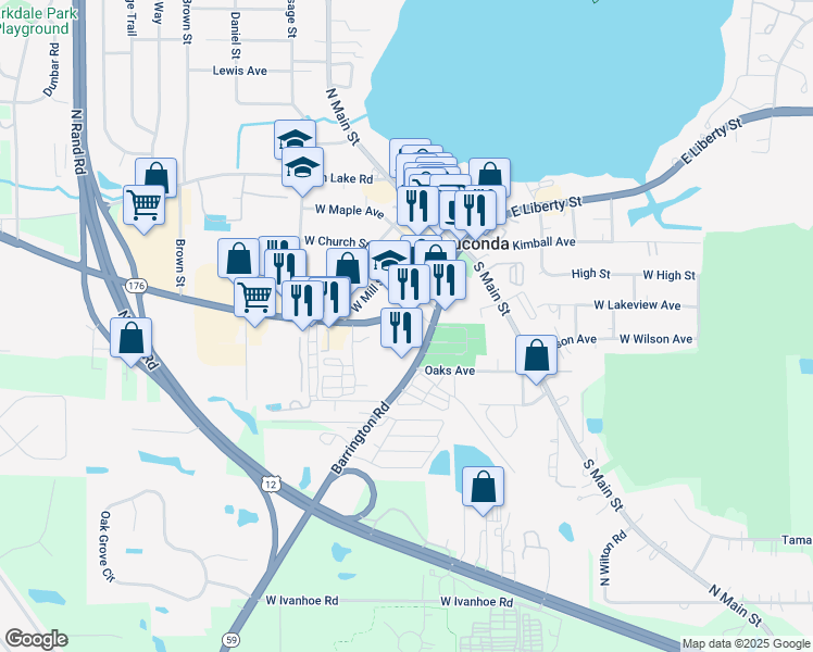 map of restaurants, bars, coffee shops, grocery stores, and more near 316 West Liberty Street in Wauconda