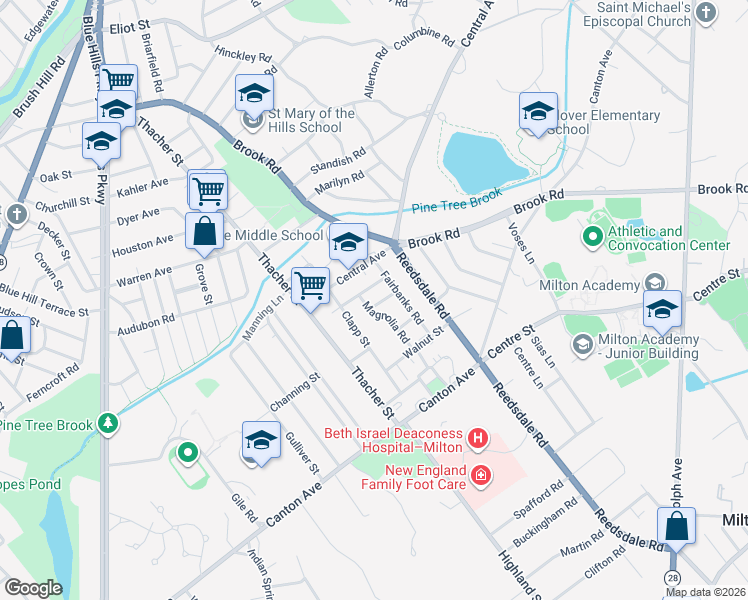map of restaurants, bars, coffee shops, grocery stores, and more near 8 Stanton Road in Milton