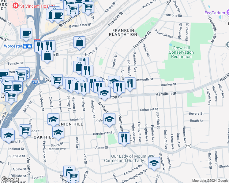 map of restaurants, bars, coffee shops, grocery stores, and more near 81 Plantation Street in Worcester