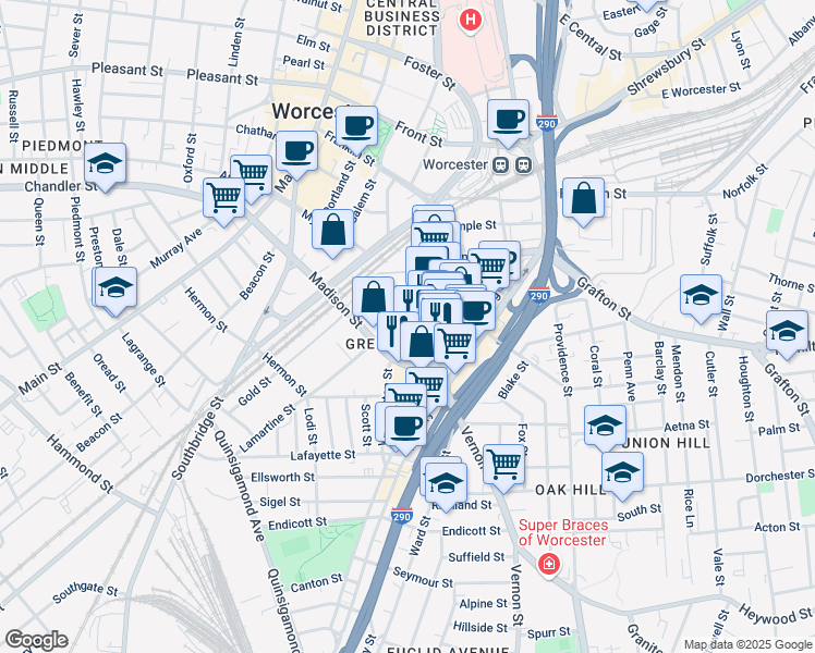 map of restaurants, bars, coffee shops, grocery stores, and more near 15 Ash Street in Worcester