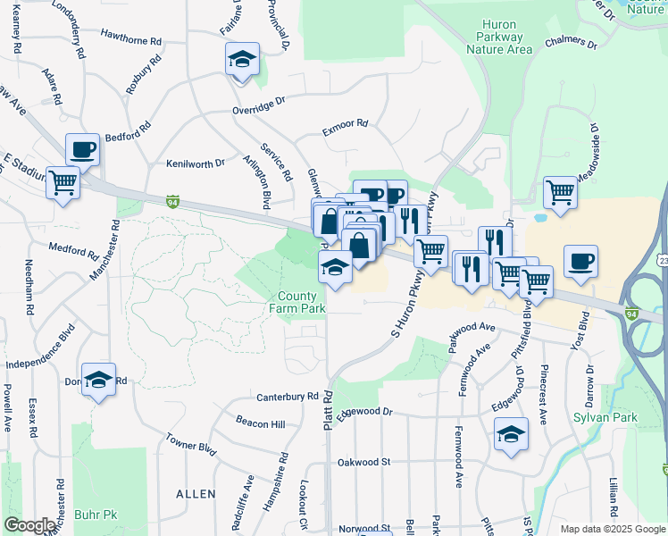 map of restaurants, bars, coffee shops, grocery stores, and more near 2143 Platt Road in Ann Arbor