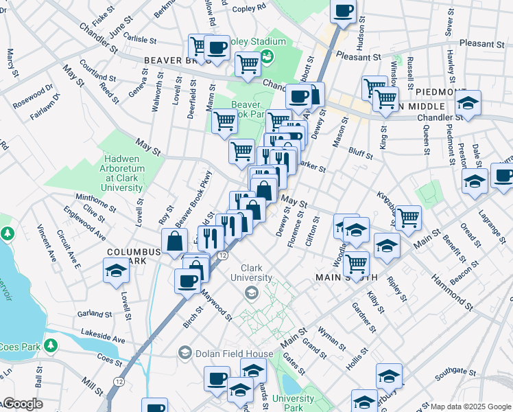 map of restaurants, bars, coffee shops, grocery stores, and more near 424 Massachusetts 9 in Worcester