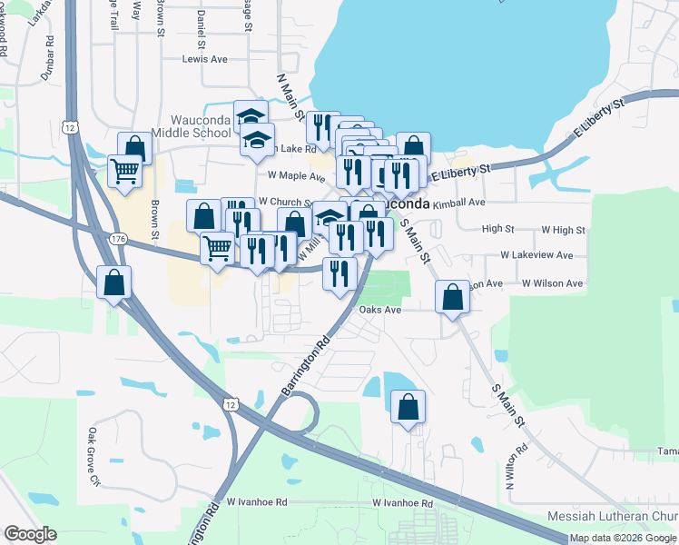 map of restaurants, bars, coffee shops, grocery stores, and more near 326 West Liberty Street in Wauconda
