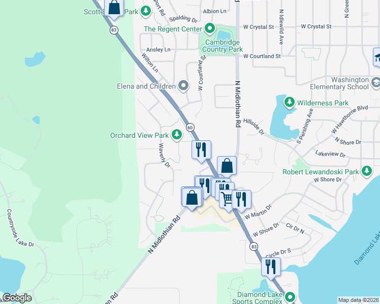 map of restaurants, bars, coffee shops, grocery stores, and more near 19929 Illinois 83 in Mundelein