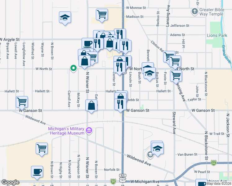 map of restaurants, bars, coffee shops, grocery stores, and more near 717 Center Street in Jackson