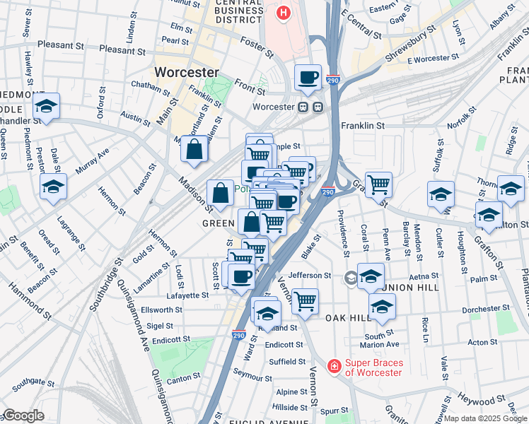 map of restaurants, bars, coffee shops, grocery stores, and more near 138 Green Street in Worcester
