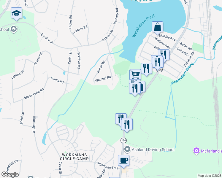 map of restaurants, bars, coffee shops, grocery stores, and more near 46 Williams Road in Ashland