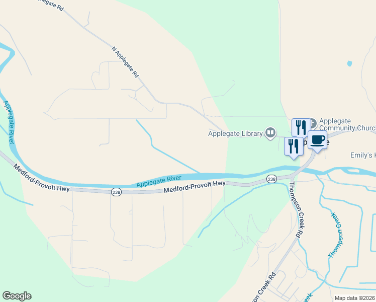 map of restaurants, bars, coffee shops, grocery stores, and more near 18485 North Applegate Road in Grants Pass