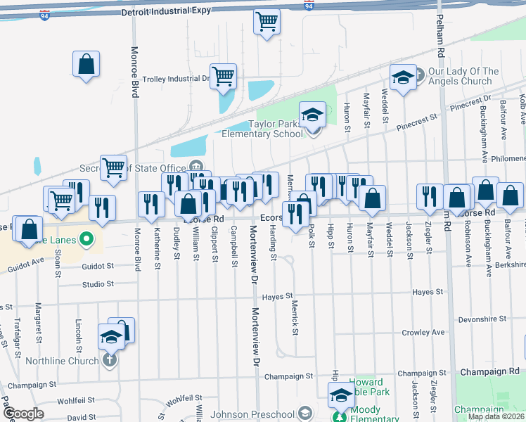 map of restaurants, bars, coffee shops, grocery stores, and more near 21000 Ecorse Road in Taylor