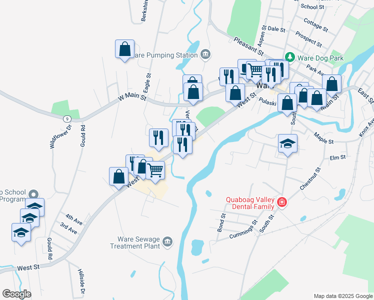 map of restaurants, bars, coffee shops, grocery stores, and more near 118 West Street in Ware