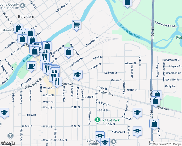 map of restaurants, bars, coffee shops, grocery stores, and more near 538 Warren Avenue in Belvidere