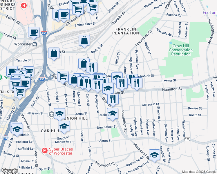 map of restaurants, bars, coffee shops, grocery stores, and more near 7 Dupont Street in Worcester