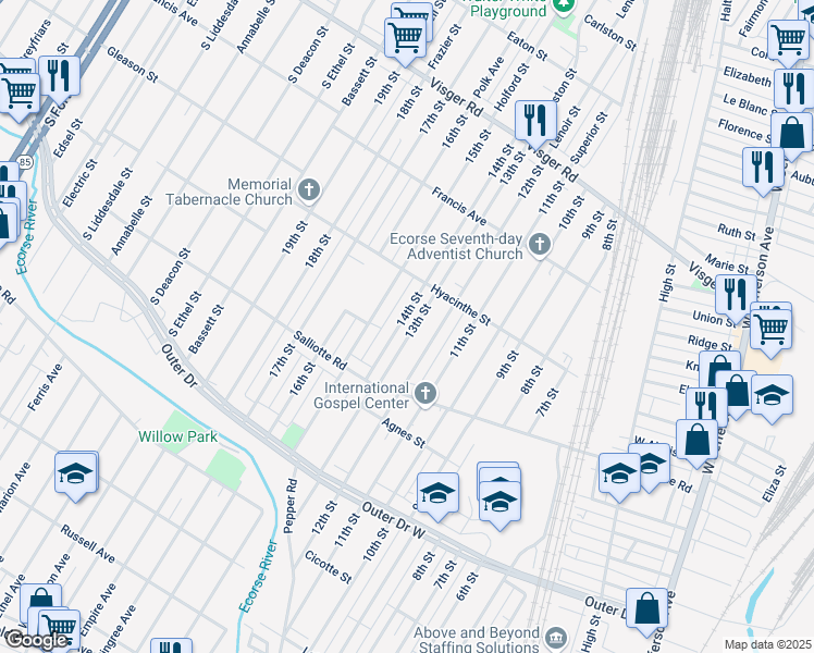 map of restaurants, bars, coffee shops, grocery stores, and more near 3977 14th Street in Ecorse