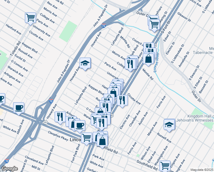 map of restaurants, bars, coffee shops, grocery stores, and more near 1378 Hanford Avenue in Lincoln Park