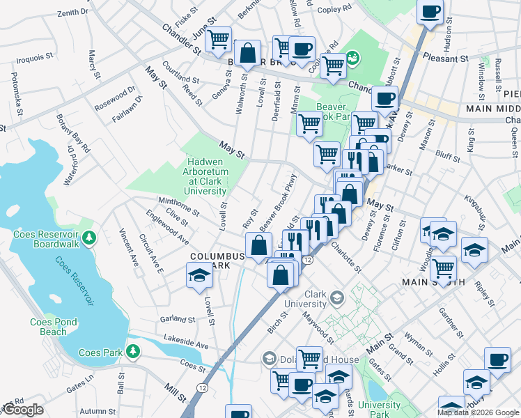map of restaurants, bars, coffee shops, grocery stores, and more near 11 Roy Street in Worcester