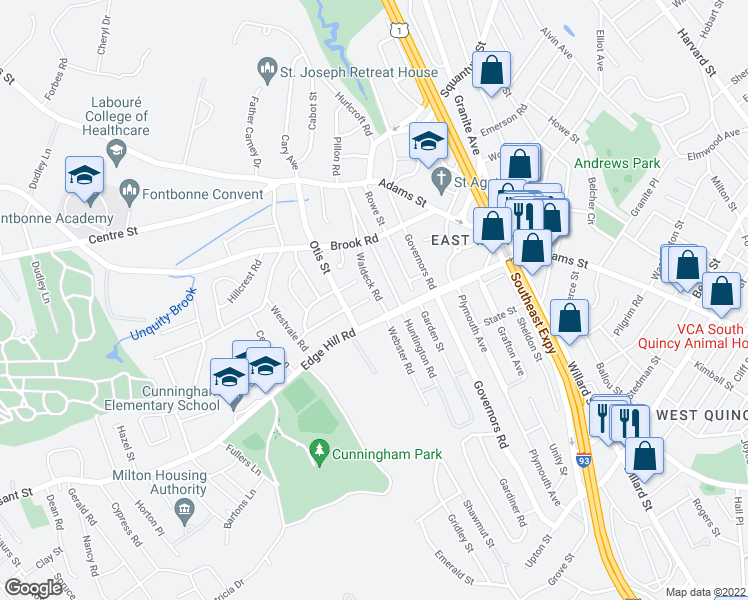 map of restaurants, bars, coffee shops, grocery stores, and more near 93 Waldeck Road in Milton