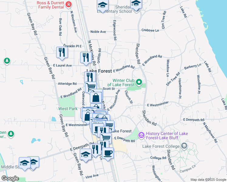 map of restaurants, bars, coffee shops, grocery stores, and more near 349 Scott Street in Lake Forest