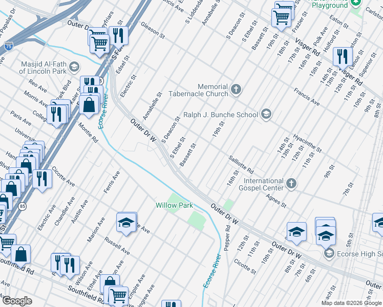 map of restaurants, bars, coffee shops, grocery stores, and more near 3781 Bassett Street in Detroit
