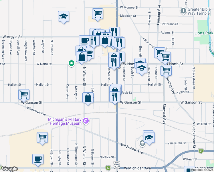 map of restaurants, bars, coffee shops, grocery stores, and more near 717 Center Street in Jackson