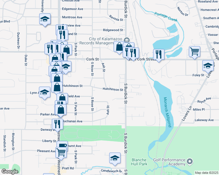 map of restaurants, bars, coffee shops, grocery stores, and more near 108 Hutchinson Street in Kalamazoo