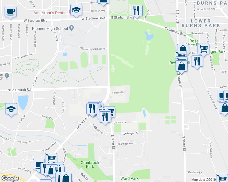 map of restaurants, bars, coffee shops, grocery stores, and more near 37 Valhalla Drive in Ann Arbor
