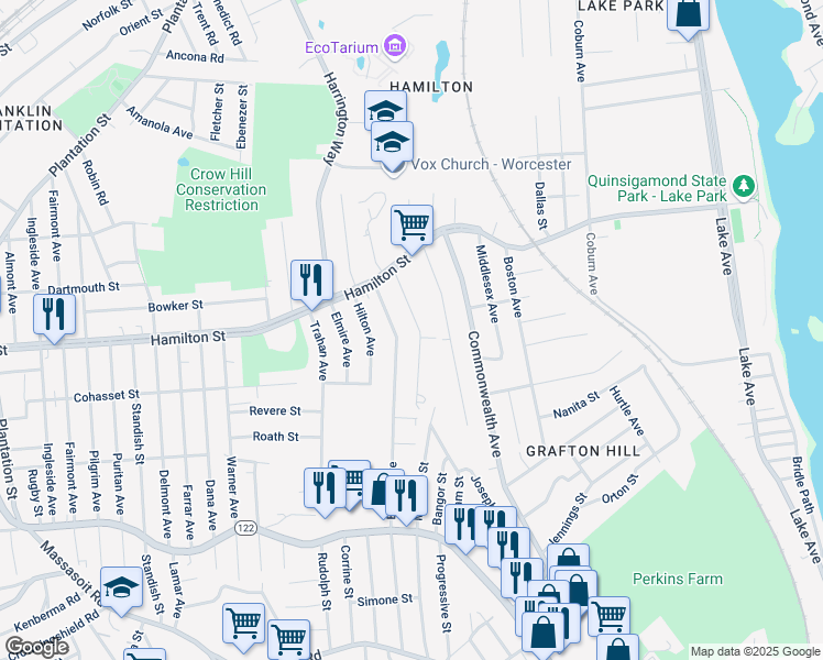 map of restaurants, bars, coffee shops, grocery stores, and more near 22 Anderson Avenue in Worcester