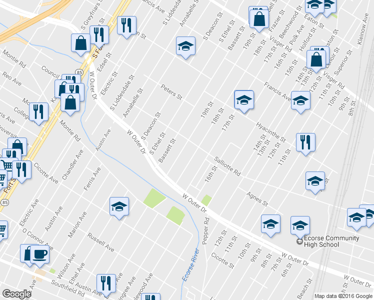 map of restaurants, bars, coffee shops, grocery stores, and more near 4107 19th Street in Ecorse