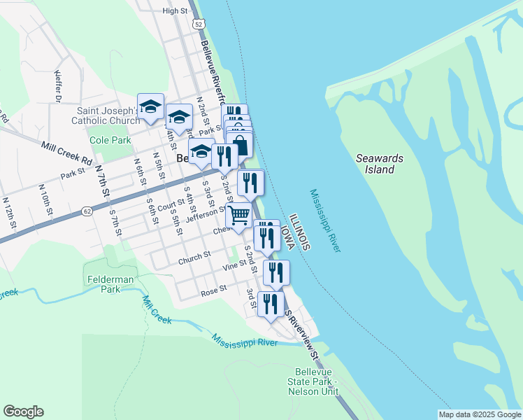 map of restaurants, bars, coffee shops, grocery stores, and more near 301-399 S Riverview Dr in Bellevue