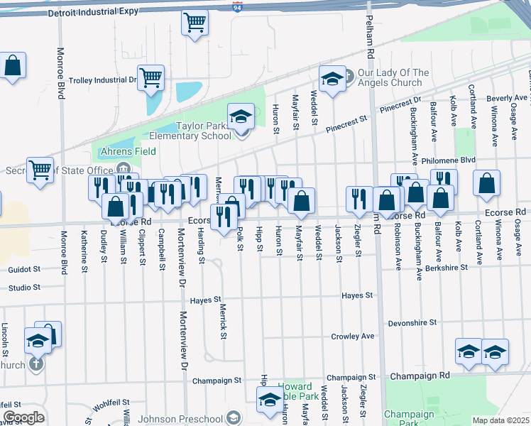 map of restaurants, bars, coffee shops, grocery stores, and more near 20540 Ecorse Road in Taylor