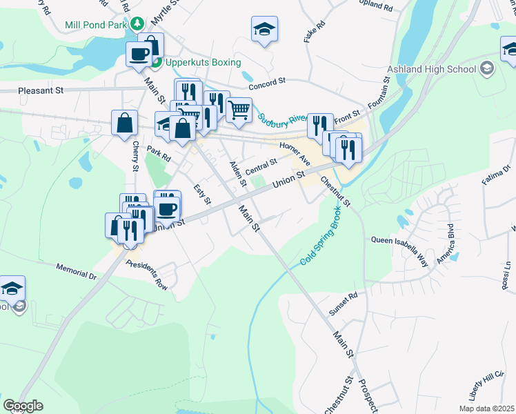 map of restaurants, bars, coffee shops, grocery stores, and more near 164 Alden Street in Ashland