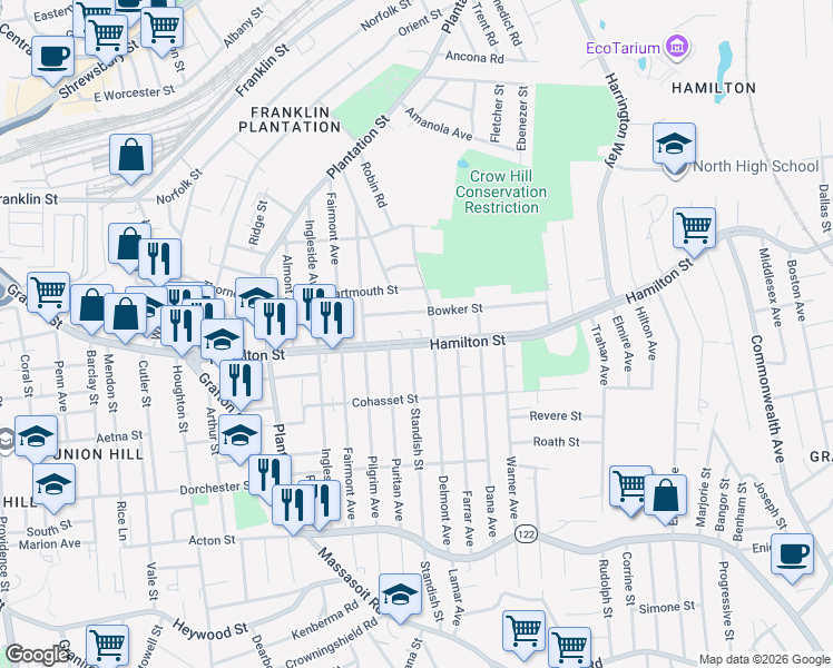 map of restaurants, bars, coffee shops, grocery stores, and more near 155 Hamilton Street in Worcester
