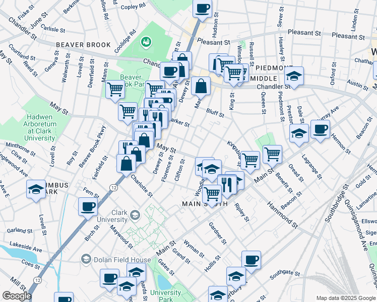 map of restaurants, bars, coffee shops, grocery stores, and more near 44 May Street in Worcester
