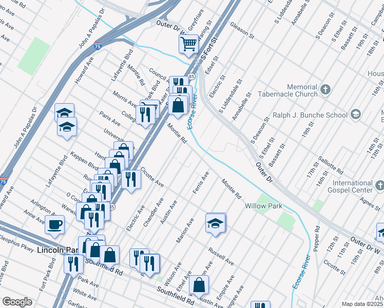 map of restaurants, bars, coffee shops, grocery stores, and more near 1083 Montie Road in Lincoln Park