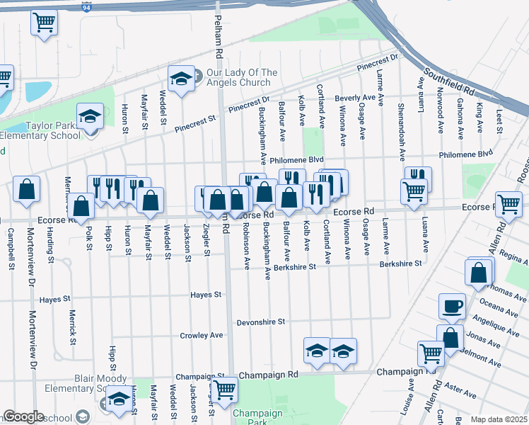 map of restaurants, bars, coffee shops, grocery stores, and more near 6960 Buckingham Avenue in Allen Park