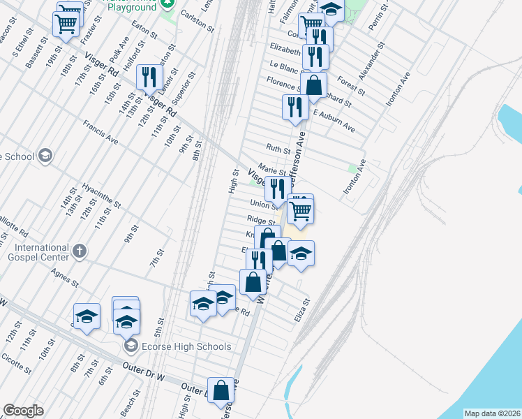 map of restaurants, bars, coffee shops, grocery stores, and more near 23 Union St in Ecorse