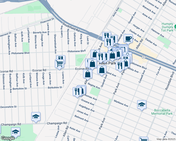 map of restaurants, bars, coffee shops, grocery stores, and more near 163 Roosevelt Avenue in Allen Park