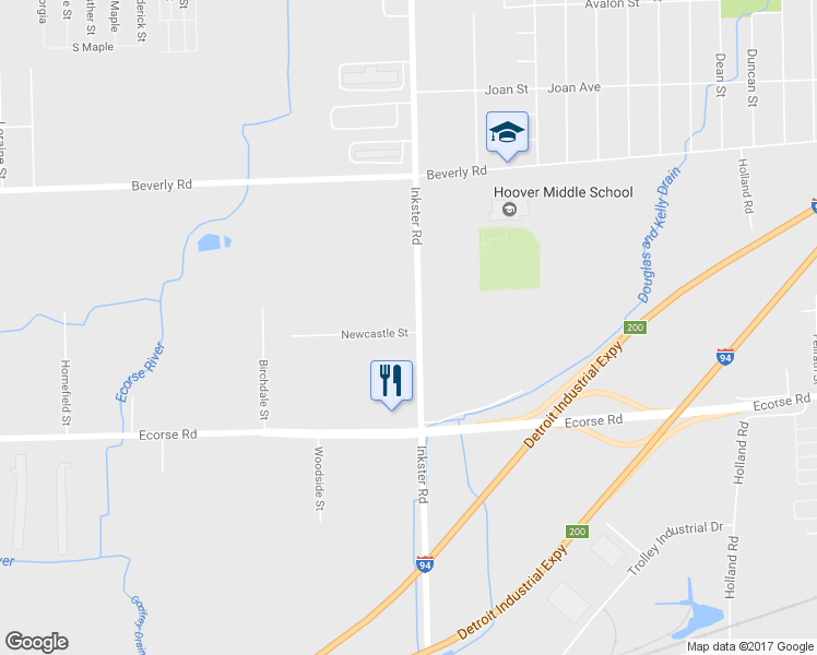 map of restaurants, bars, coffee shops, grocery stores, and more near 6780 Inkster Road in Romulus