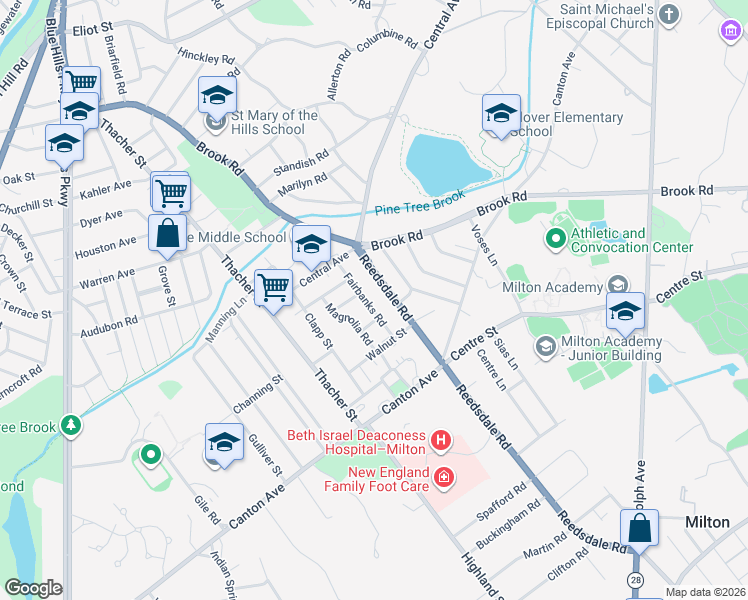 map of restaurants, bars, coffee shops, grocery stores, and more near 50 Fairbanks Road in Milton