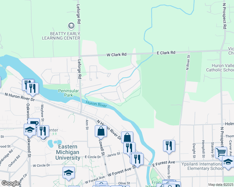 map of restaurants, bars, coffee shops, grocery stores, and more near 1281 Medford Drive in Ypsilanti