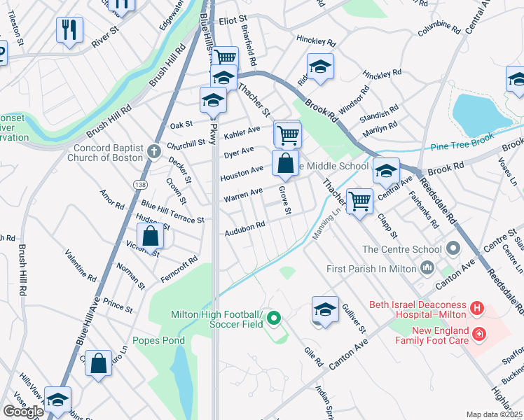 map of restaurants, bars, coffee shops, grocery stores, and more near 26 Harold Street in Milton