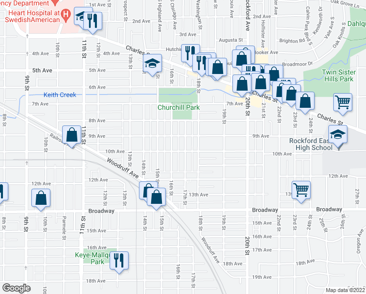 map of restaurants, bars, coffee shops, grocery stores, and more near 1019 17th Street in Rockford