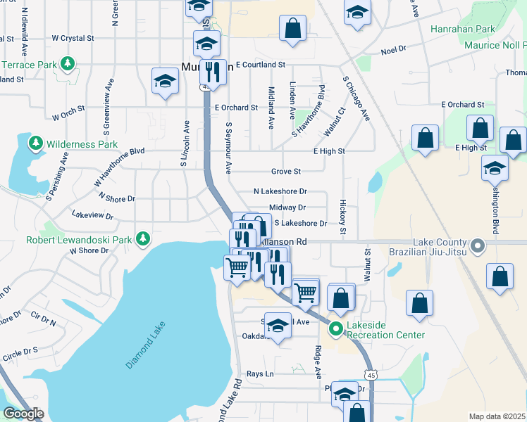 map of restaurants, bars, coffee shops, grocery stores, and more near 229 Midway Drive in Mundelein