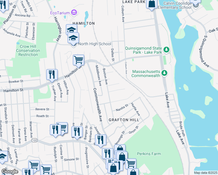 map of restaurants, bars, coffee shops, grocery stores, and more near 35 Boston Avenue in Worcester