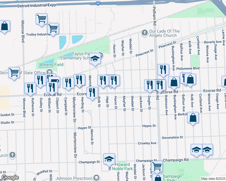 map of restaurants, bars, coffee shops, grocery stores, and more near 20540 Ecorse Road in Taylor