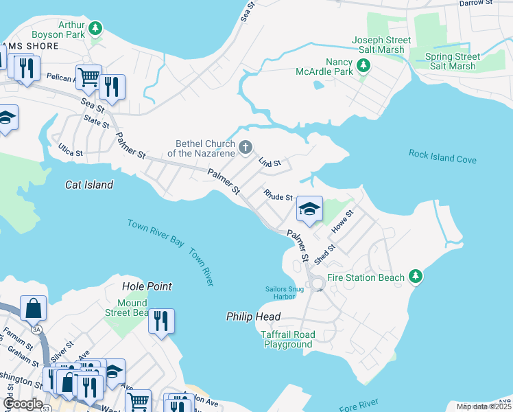 map of restaurants, bars, coffee shops, grocery stores, and more near 248 Palmer Street in Quincy