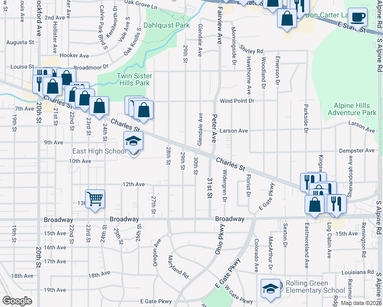 map of restaurants, bars, coffee shops, grocery stores, and more near 3311 Charles Street in Rockford