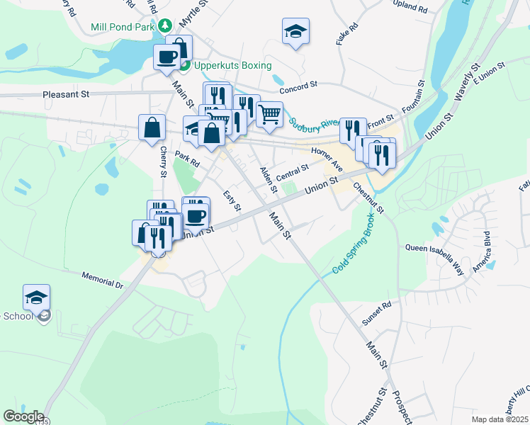 map of restaurants, bars, coffee shops, grocery stores, and more near 355-357 Main Street in Ashland